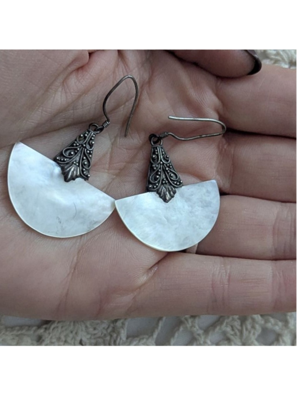 Vintage Boho Sterling Silver Mezzaluna Mother of Pearl Dangle Earrings - Picture 7 of 7